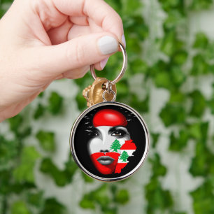 Lebanon Flag and Map on girl's face Key Ring
