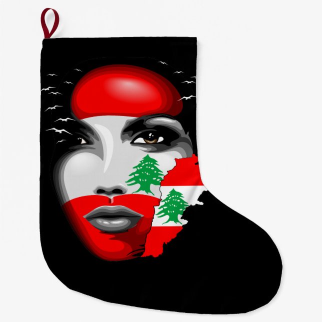 Lebanon Flag and Map on girl's face Large Christmas Stocking (Front)