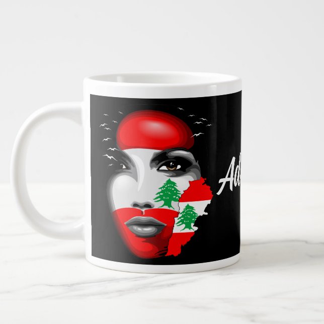 Lebanon Flag and Map on girl's face Large Coffee Mug (Left)