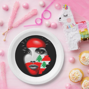 Lebanon Flag and Map on girl's face Paper Plate