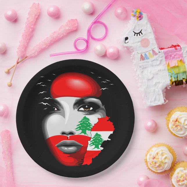 Lebanon Flag and Map on girl's face Paper Plate (Party)