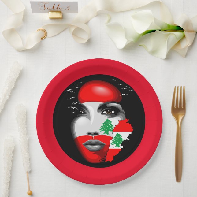 Lebanon Flag and Map on girl's face Paper Plate (Wedding)