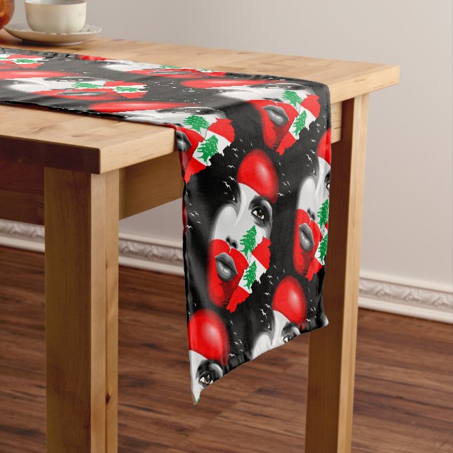 Lebanon Flag and Map on girl's face Short Table Runner (In Situ)