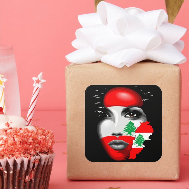 Lebanon Flag and Map on girl's face Square Sticker (Party)