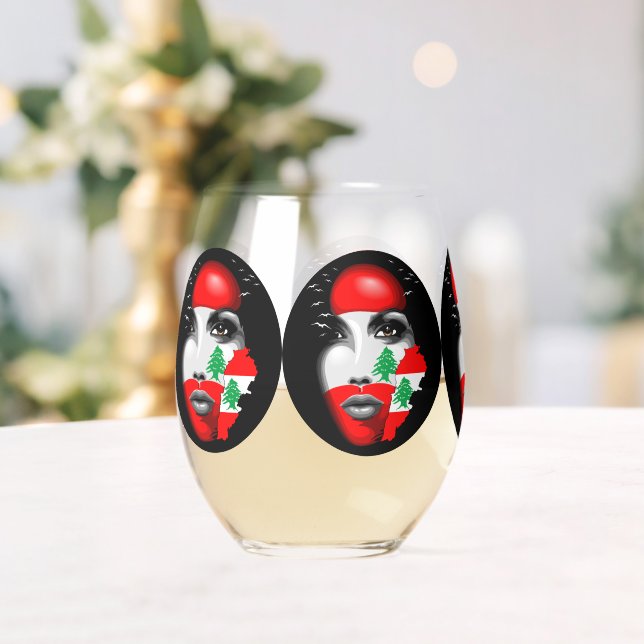 Lebanon Flag and Map on girl's face Stemless Wine Glass (Insitu (Wedding))