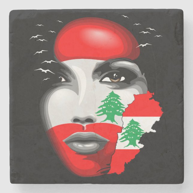 Lebanon Flag and Map on girl's face Stone Coaster (Front)