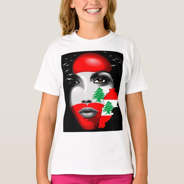 Lebanon Flag and Map on girl's face T-Shirt (Front)