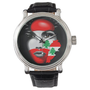 Lebanon Flag and Map on girl's face Watch