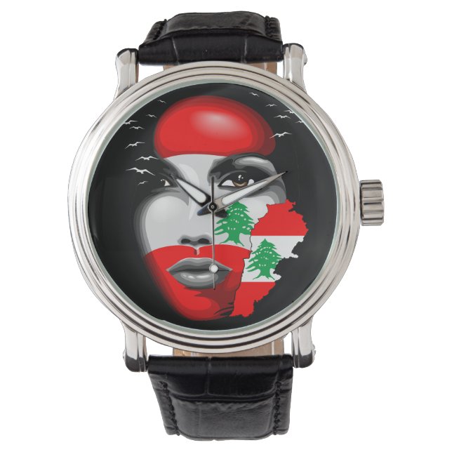 Lebanon Flag and Map on girl's face Watch (Front)