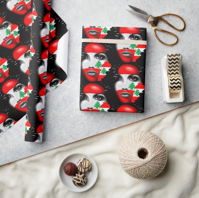 Lebanon Flag and Map on girl's face Wrapping Paper (Crafts)