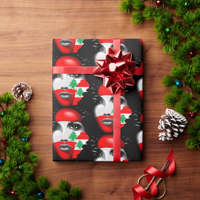 Lebanon Flag and Map on girl's face Wrapping Paper (Holiday Gift)