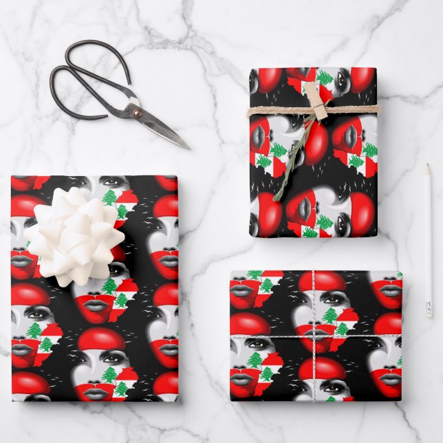 Lebanon Flag and Map on girl's face Wrapping Paper Sheet (Front)