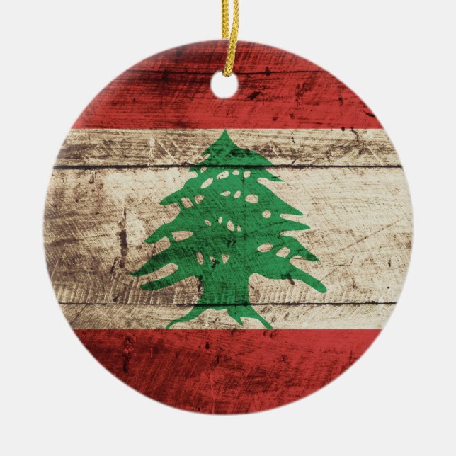 Lebanon Flag on Old Wood Grain Ceramic Tree Decoration (Front)