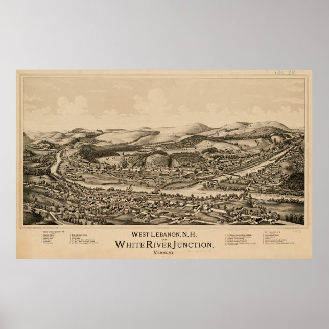 Lebanon NH & White River Junction VT Map (1889) Poster (Front)