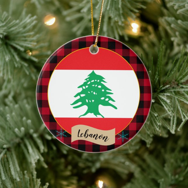 Lebanon, Red buffalo plaid & Lebanese Flag Ceramic Tree Decoration (Tree)