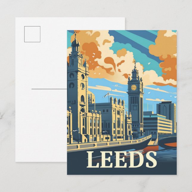 Leeds England Vintage Retro Travel Illustration Postcard (Front/Back)