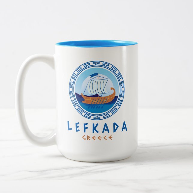 Lefkada, Greece Greek Ship Design Two-Tone Coffee Mug (Left)