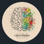 Left And Right Human Brain Personalise Classic Round Sticker<br><div class="desc">A comparison of the Left right human brain concept. Ready to be personalised. Just add your name and initials for a modern monogram. Creative part and logic part with social and business doodle sketch mathematics calculations and abstract art paint. The brain and mind psychology idea drawing illustration design. The brain...</div>