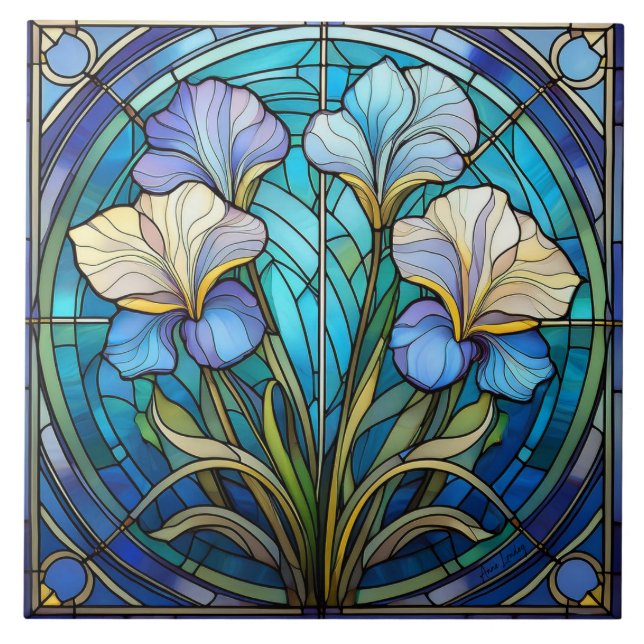 Left Floral Iris Art Nouveau Blue Green Retro Tile (Front)