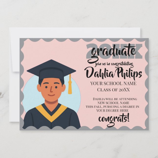 Left Half Photo Wavy Border Graduation Announcement (Front)