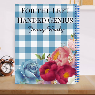 Left-Handed Blue Plaid Floral Personalized Design Notebook