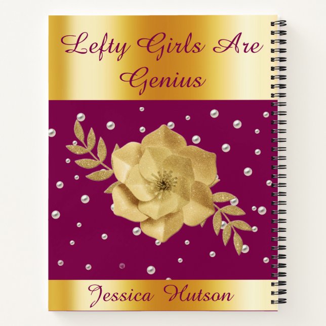 Left-Handed Gold Spiral Custom Notebook for Teens (Back)