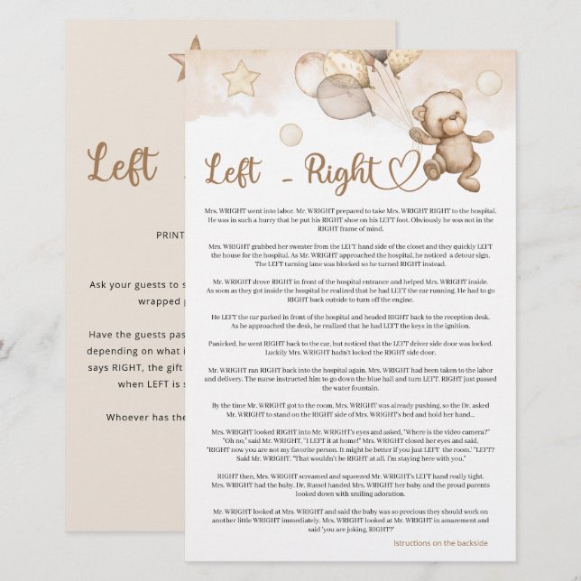Left Right Baby Bear Baby Shower (Front/Back)