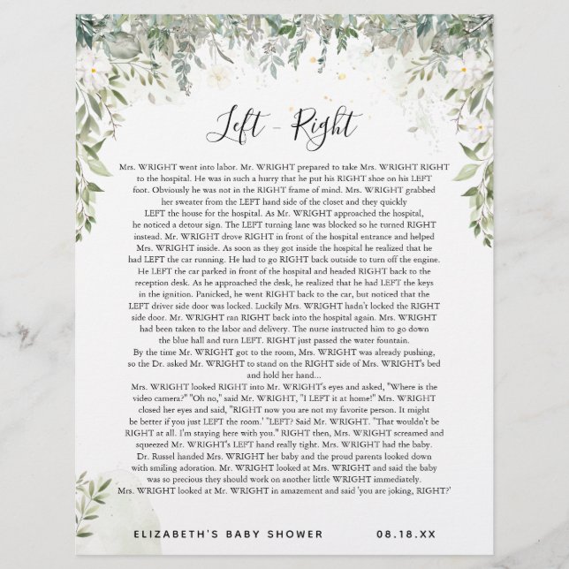 Left - Right | Baby Shower Game (Front)