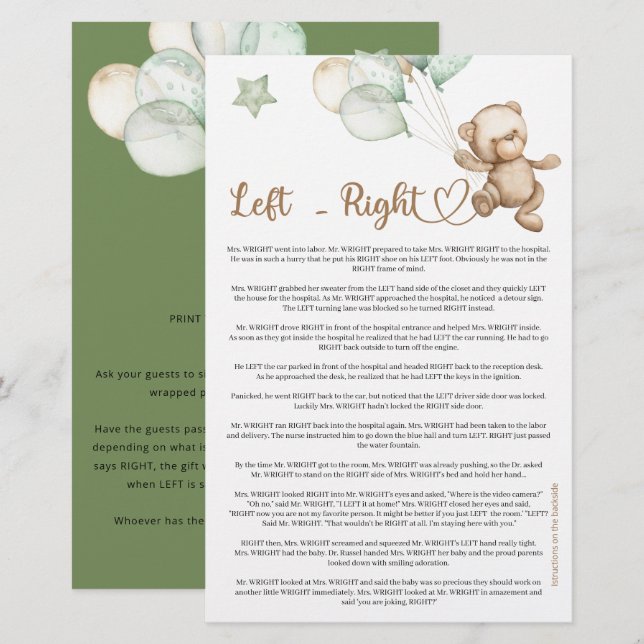 Left Right Teddy Bear Baby Shower (Front/Back)