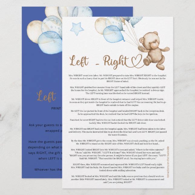 Left Right Teddy Bear Baby Shower (Front/Back)