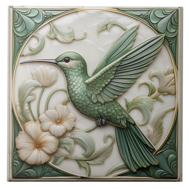 Left Sage faux relief Art Nouveau Hummingbird  Tile (Front)