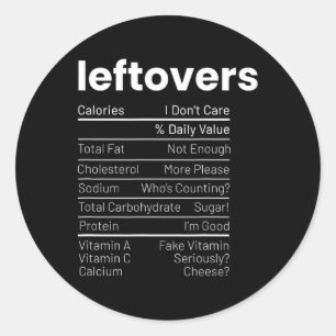 Leftovers Nutrition Facts Thanksgiving Leftover Re Classic Round Sticker