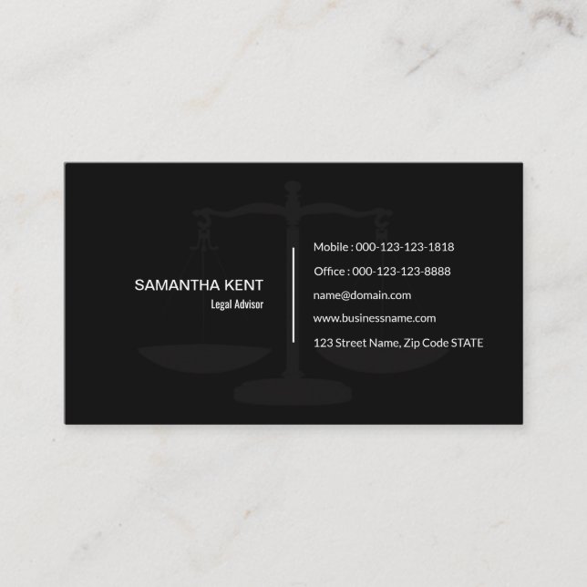 Legal Adviser Scale of Justice Black Business Card (Front)