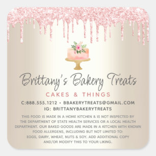 Legal Blush Pink Bakery Cake Glitter Drips on Gold Square Sticker