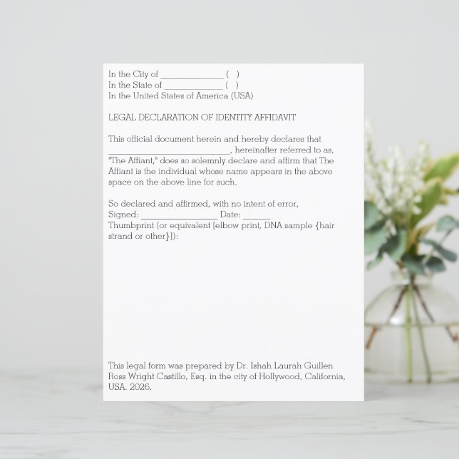 Legal Declaration of Identification Affidavit (Standing Front)