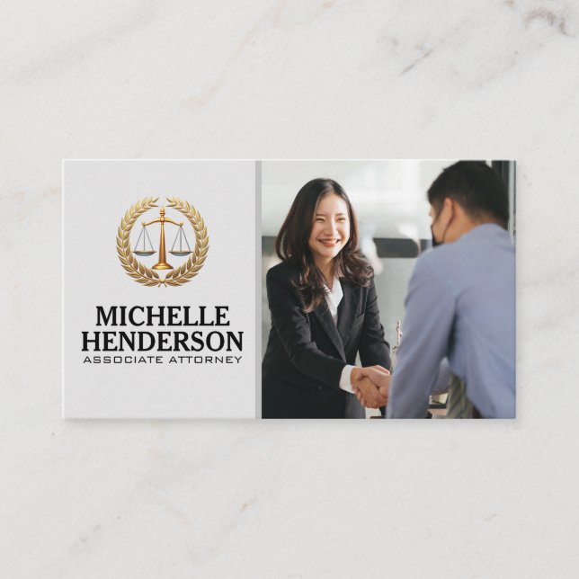 Legal Justice Logo | Business Deal Hand Shake Business Card (Front)