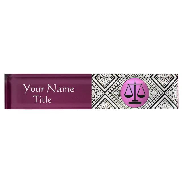 LEGAL OFFICE, ATTORNEY PINK PURPLE WHITE DAMASK NAMEPLATE (Front)