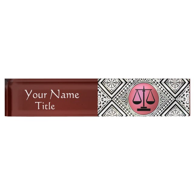 LEGAL OFFICE, ATTORNEY RED PINK WHITE DAMASK NAMEPLATE (Front)