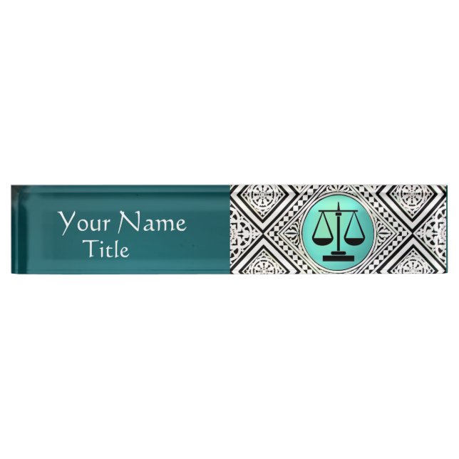LEGAL OFFICE,ATTORNEY TEAL BLUE GREEN WHITE DAMASK NAMEPLATE (Front)
