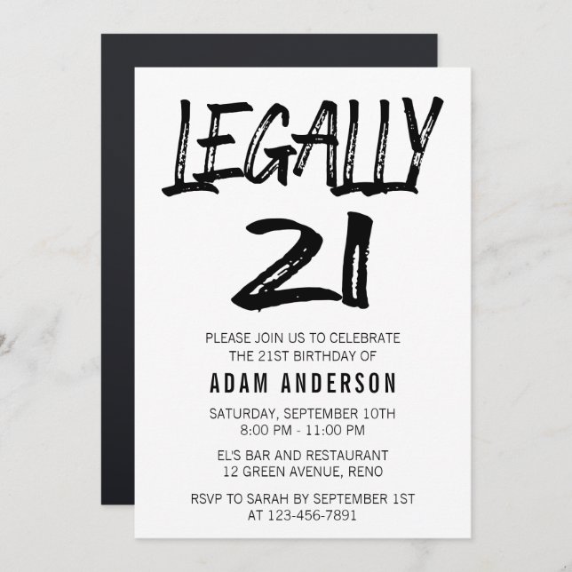 Legally 21 Modern Black And White 21st Birthday Invitation (Front/Back)