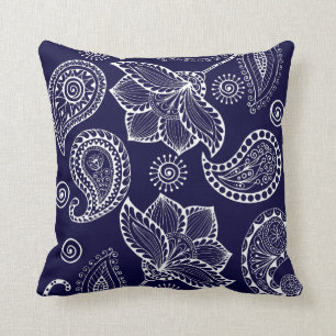 legant White Paisley in Navy Throw Pillow