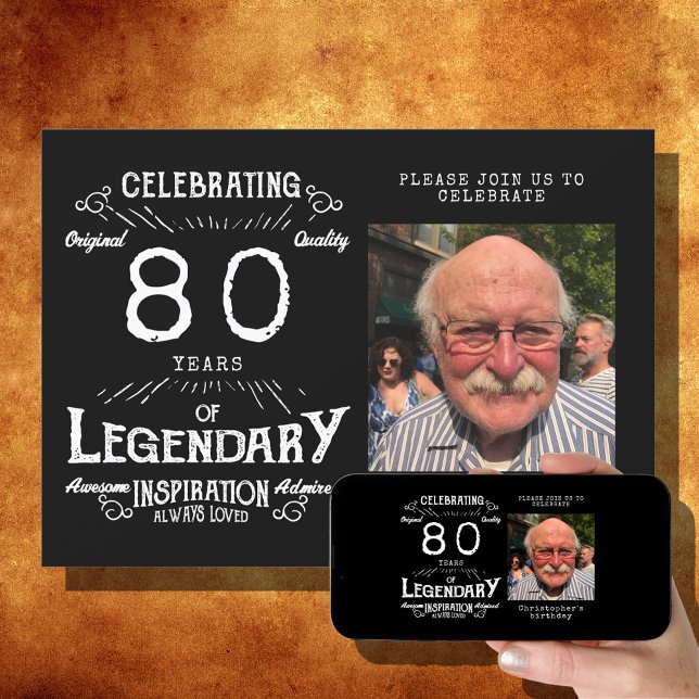 Legend 80th Birthday Photo Black Vintage Invitation (Creator Uploaded)