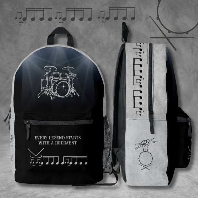 Legendary Drummer Black Grey Rudiment Music Printed Backpack (Hit the beat with a Legendary Gray and Black Drummer Rudiment Music Backpack)
