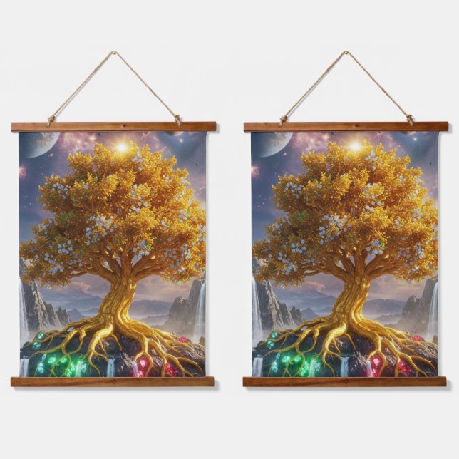 Legendary Golden Tree of Gems – Mystical Fantasy T Hanging Tapestry (Double)