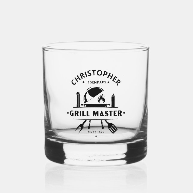 Legendary Grill Master | Black Custom BBQ Logo  Whiskey Glass (Front)