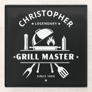 Legendary Grill Master Custom Name Black & White Glass Coaster