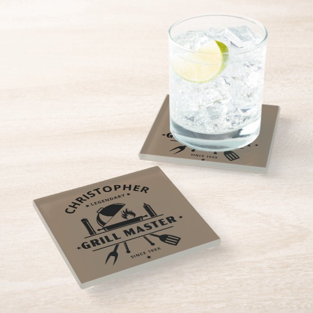 Legendary Grill Master | Custom Name Brown & Black Glass Coaster (Angled)