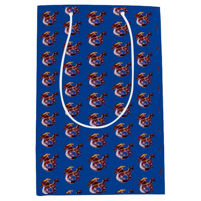 Legendary Ruby Red Dragon Navy Blue Illustration Medium Gift Bag (Front)