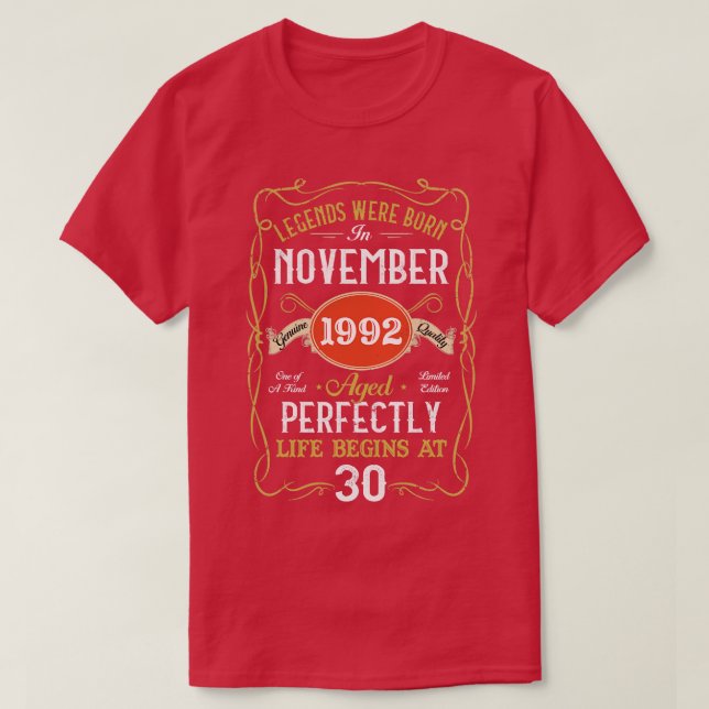 Legends Born In November 1992 30th Birthday 30 Yea T-Shirt (Design Front)
