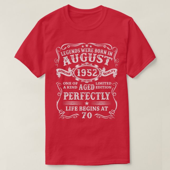Legends Were Born In August 1952 70th Birthday Gif T-Shirt (Design Front)